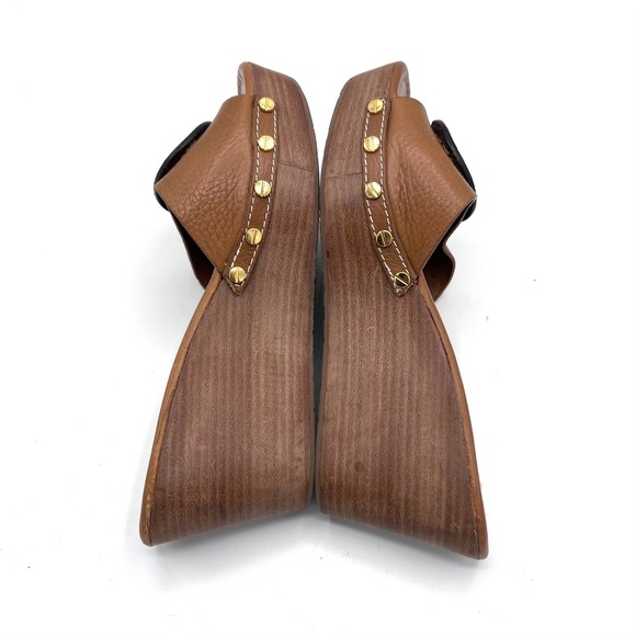 Tory Burch Patti Wedge Slide Sandals Brown Leather Embossed Logo Studded Women 8 - Picture 15 of 16